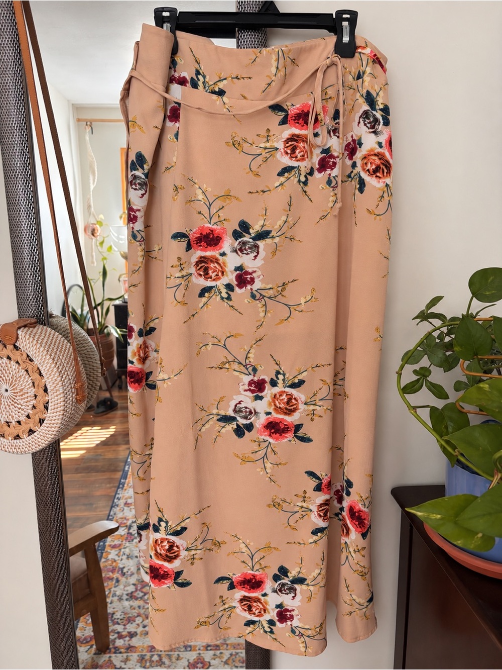 Floral Wrap Maxi Skirt Blush Pink Tie Waist Size Large Fits Medium